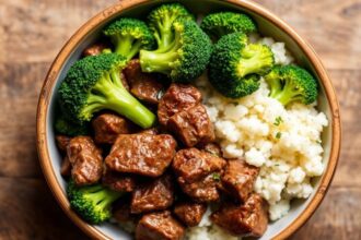 لحم بقري وبروكلي كيتو بسيط ومليء بالنكهات، يقدم ساخناً على طبق