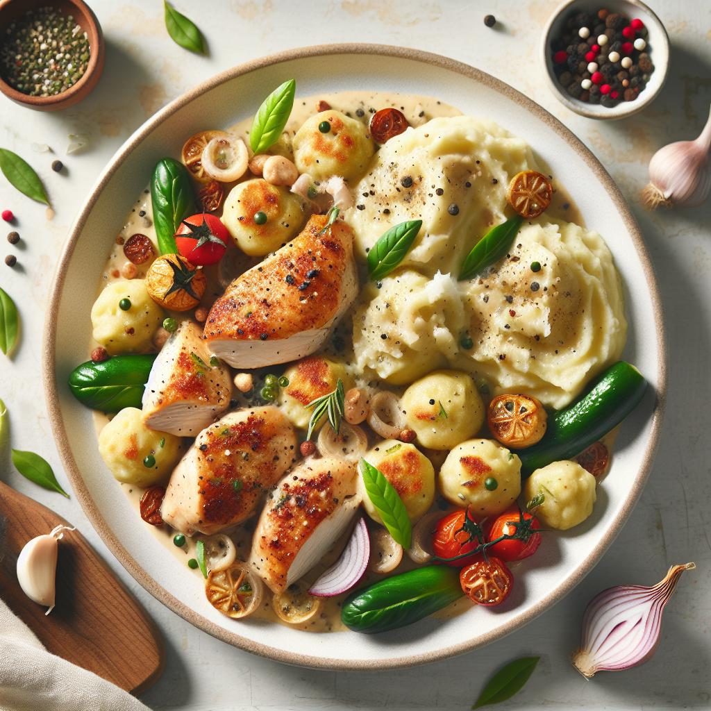 Cozy Creamy Chicken & Dumplings with Roasted Garlic Mash