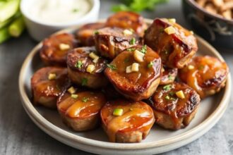 Juicy Steak Bites glazed in garlic butter on a rustic plate.