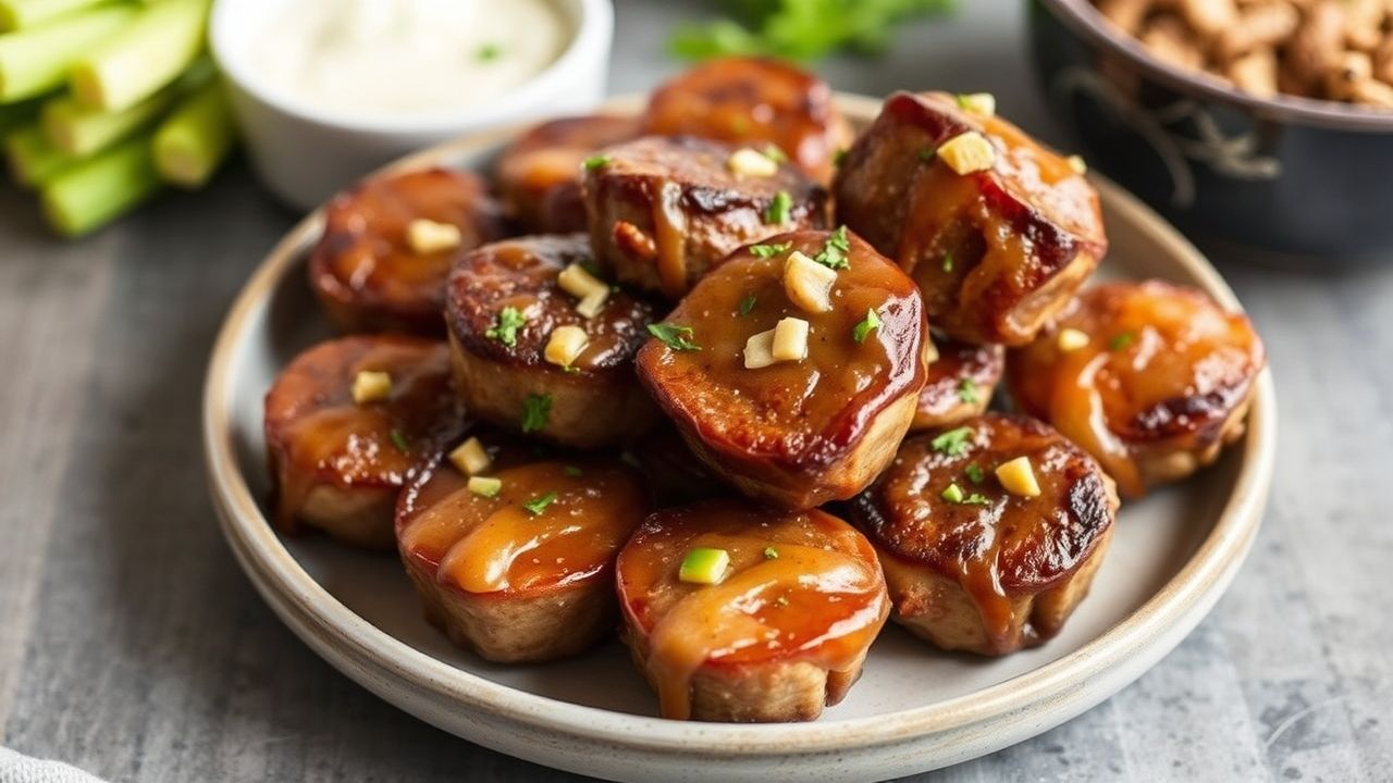 Juicy Steak Bites glazed in garlic butter on a rustic plate.