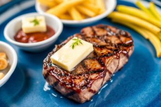 Golden garlic butter steak bites piled on a rustic plate with parsley garnish