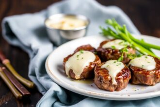 Sizzling garlic butter Steak Bites on a wooden board with parsley garnish